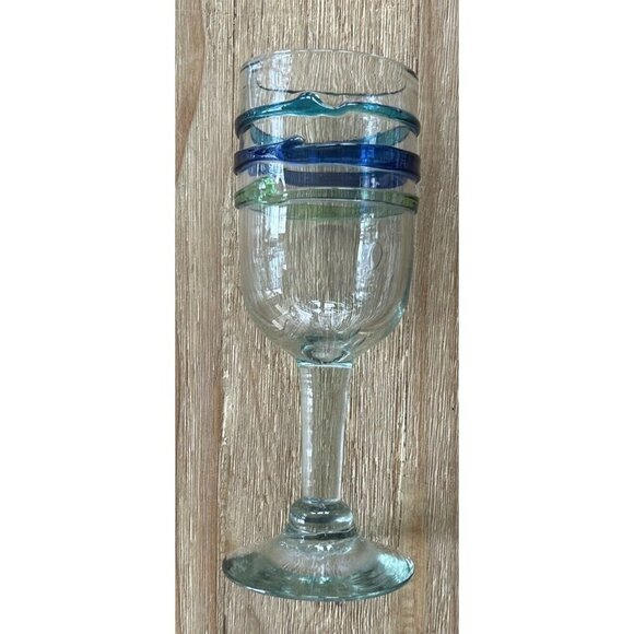 Lot Of 4 Pier 1 Blown Glass Water Goblets Raised Rings Bubbles Blue Vintage - Picture 2 of 4